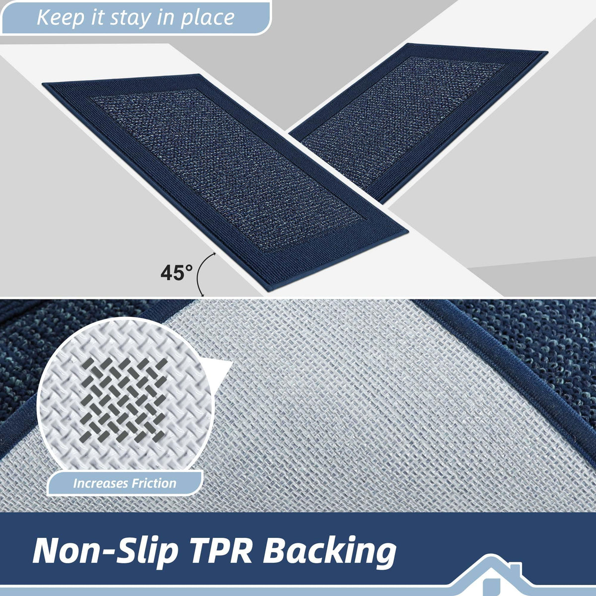 BEQHAUSE washable blue mat cleans easily with vacuum or hose.