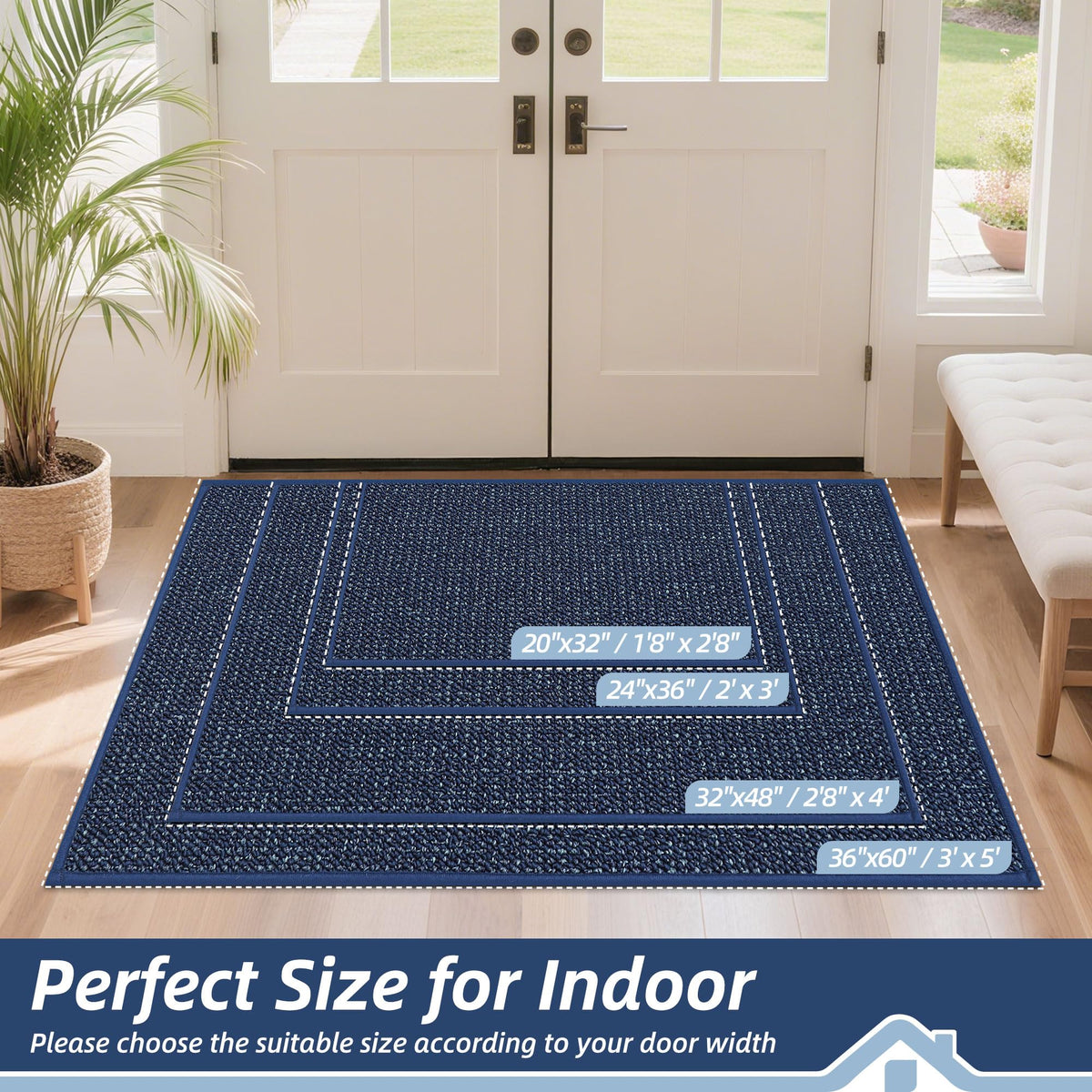 BEQHAUSE blue door mat with non-slip backing stays put on dry floors.