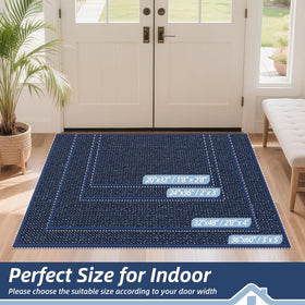 BEQHAUSE blue door mat with non-slip backing stays put on dry floors.