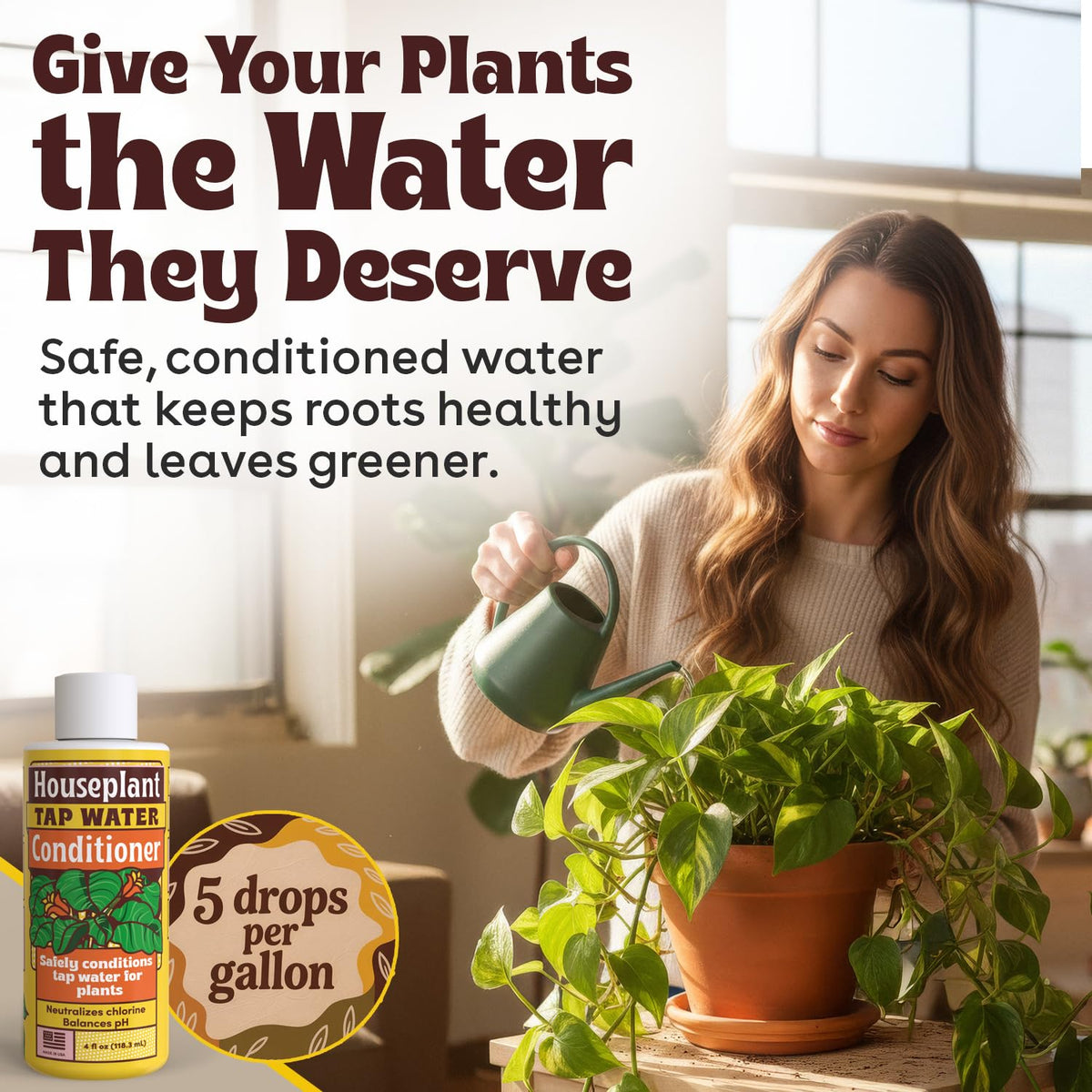 Berkland Tap Water Conditioner label highlights usage and key benefits for plants