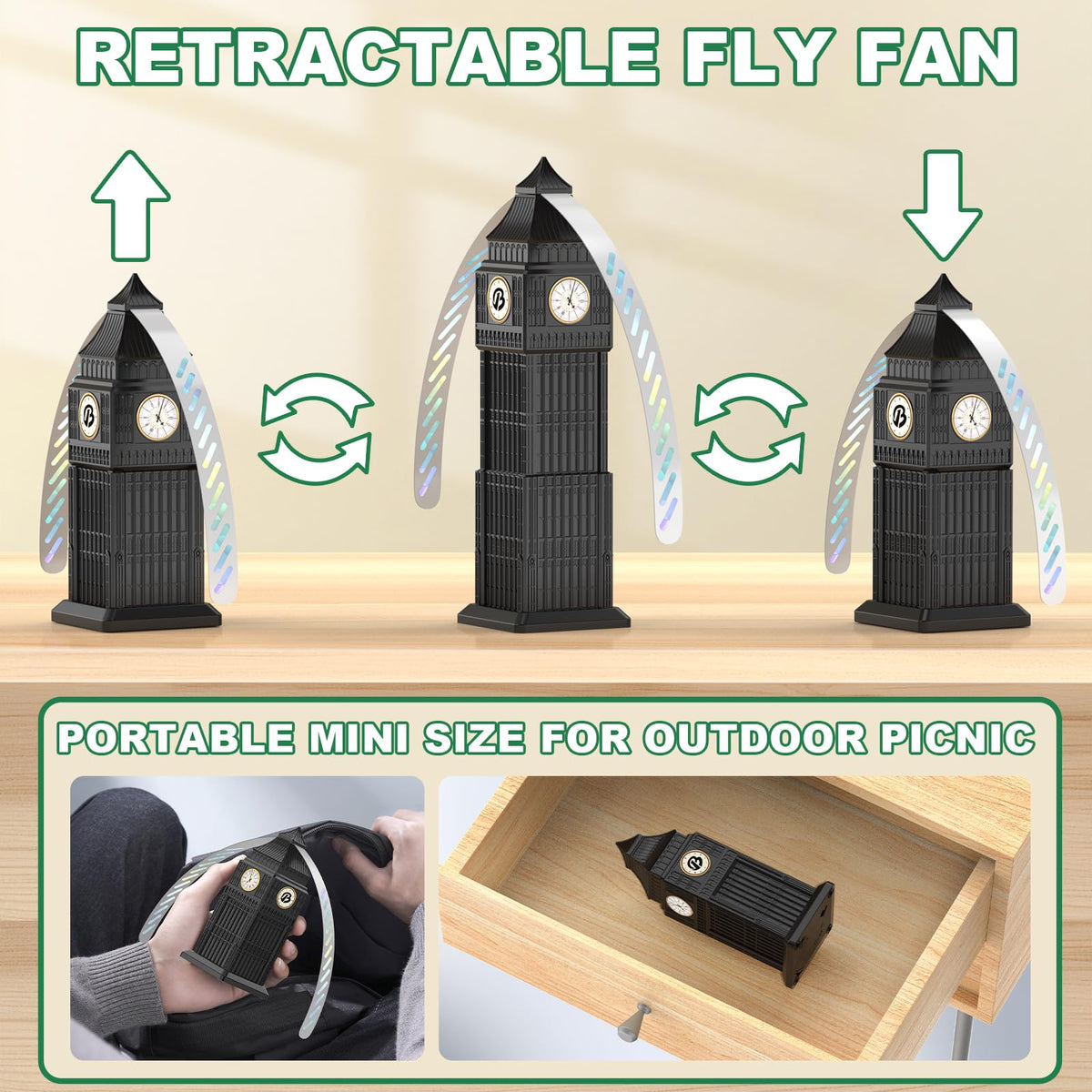 Bermoso fly fans include a hangable design for versatility.