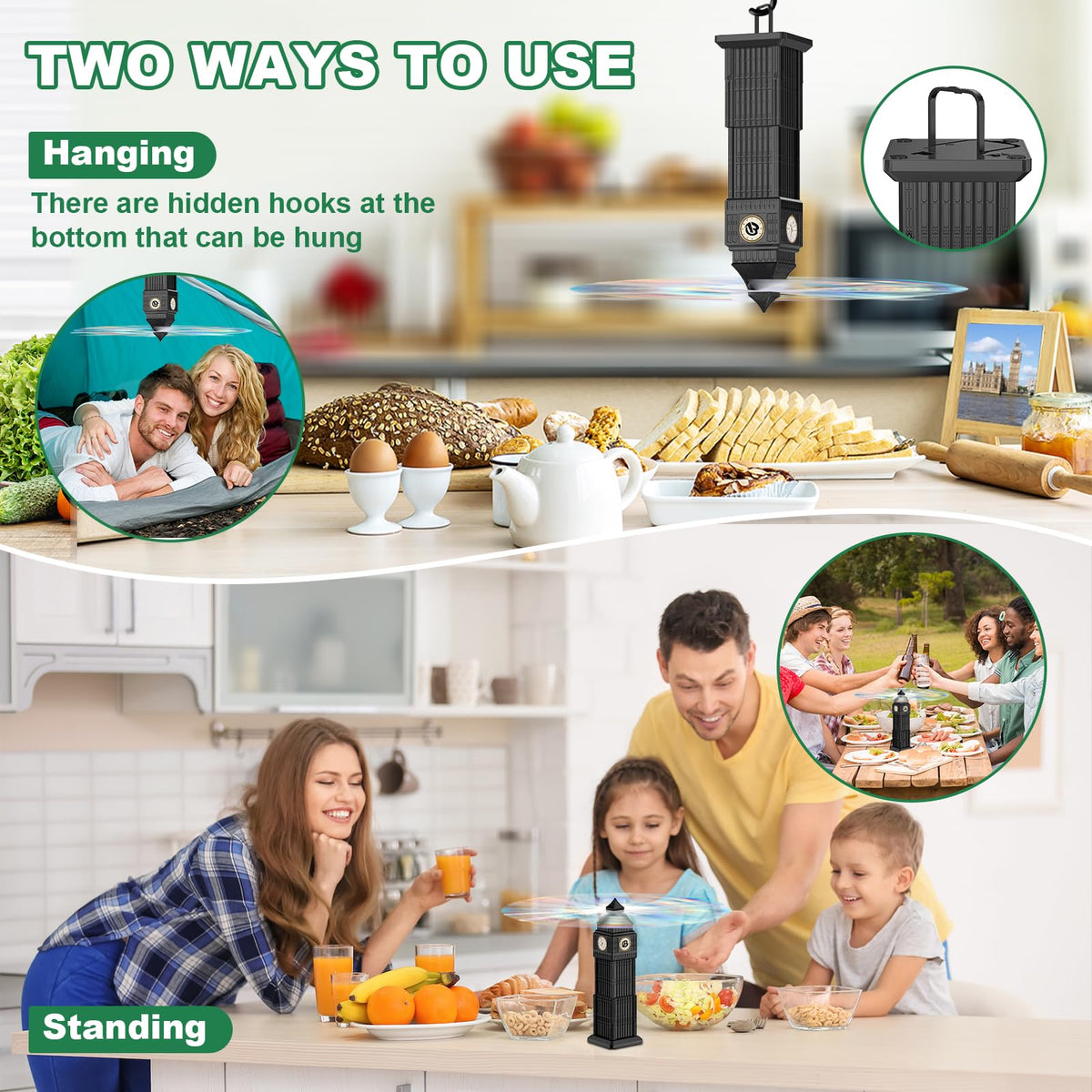 Bermoso fly fans operate quietly for peaceful outdoor dining.