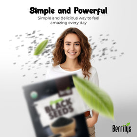 Berrilys black seeds on a kitchen shelf signaling freshness and convenience.