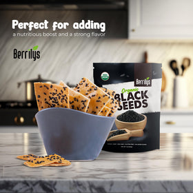 Berrilys black seeds packaging shows 2x16oz for extended kitchen use.