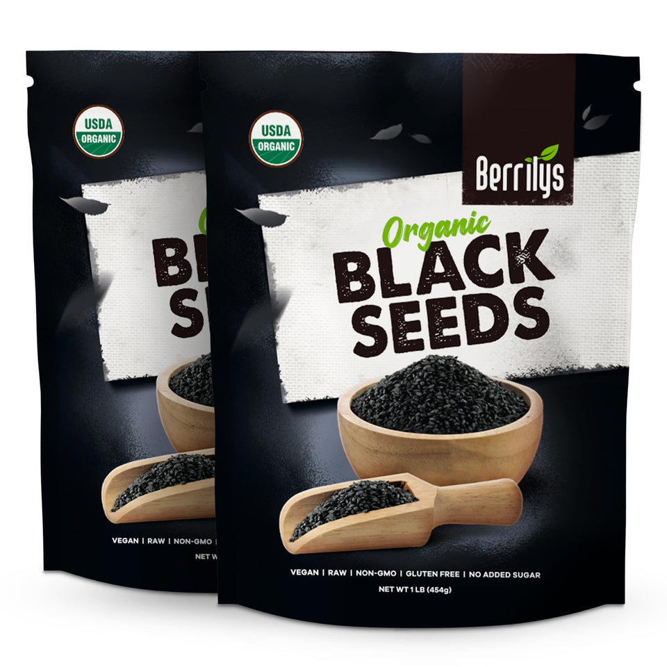 Berrilys organic black seeds in a bottle, highlighting premium quality and aroma.