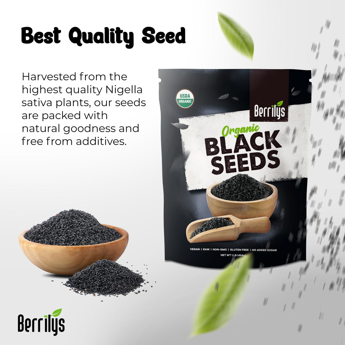Berrilys organic black seeds in a spice jar closeup ready to flavor dishes.