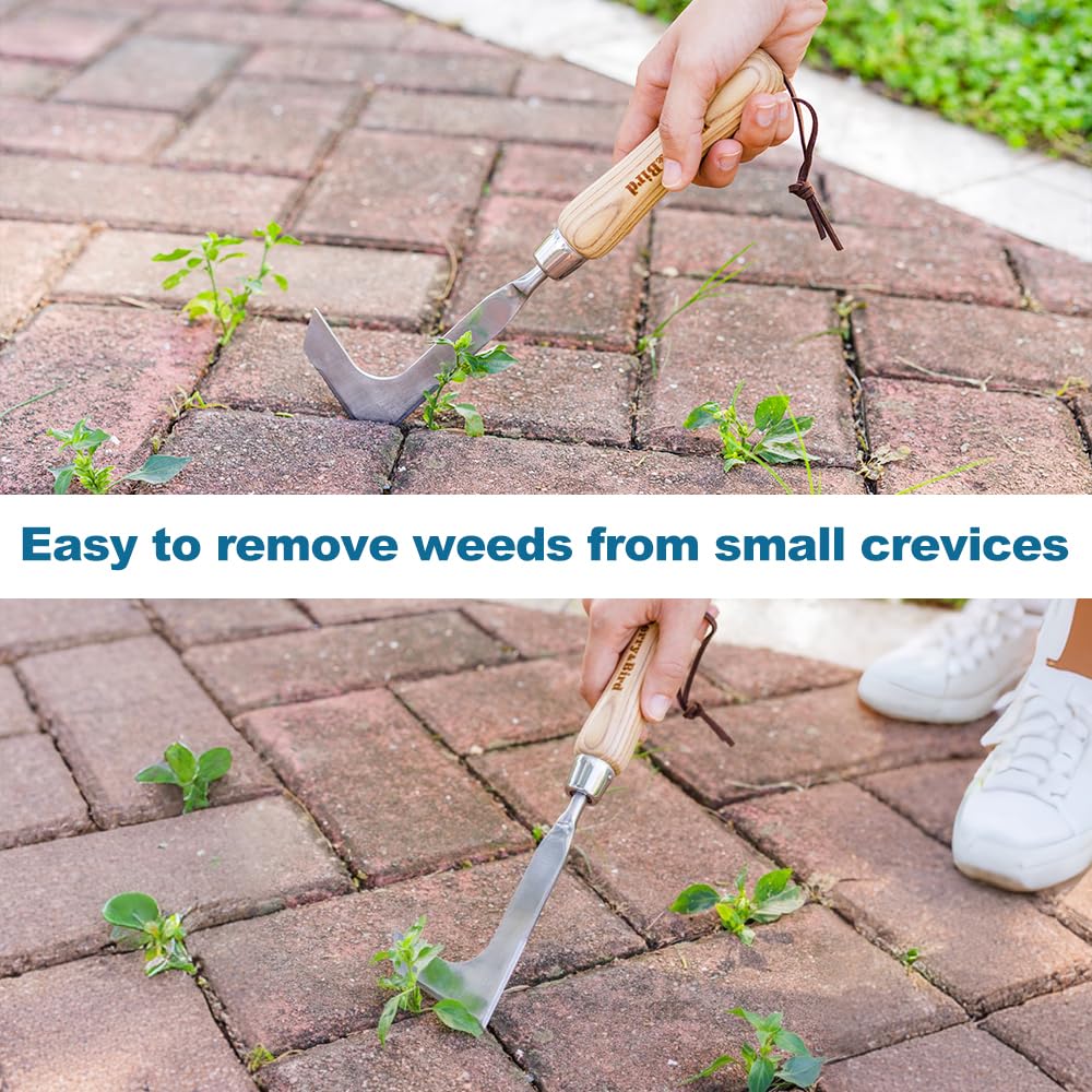 Berry&Bird crevice weeding tool blade cuts through soil and turf.