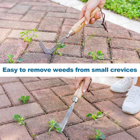 Berry&Bird crevice weeding tool blade cuts through soil and turf.