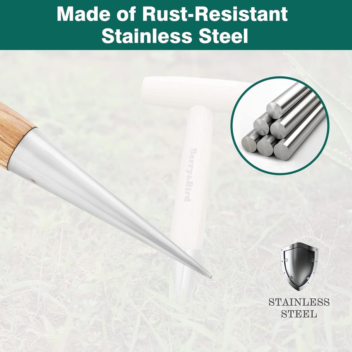 Berry&Bird stainless steel head dibber for durable garden use
