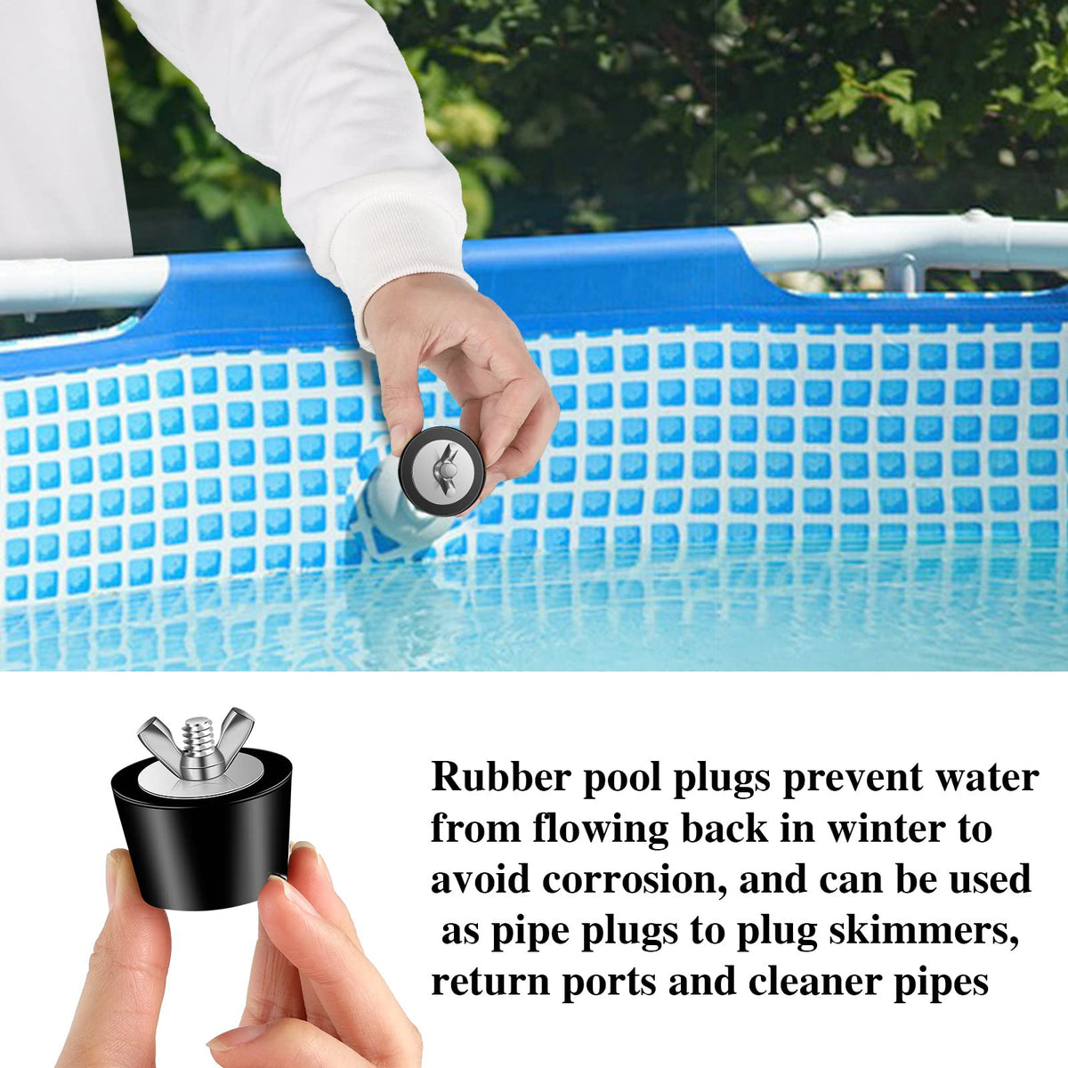 BESARME winterizing plug shown during pool drain setup.