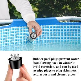 BESARME winterizing plug shown during pool drain setup.