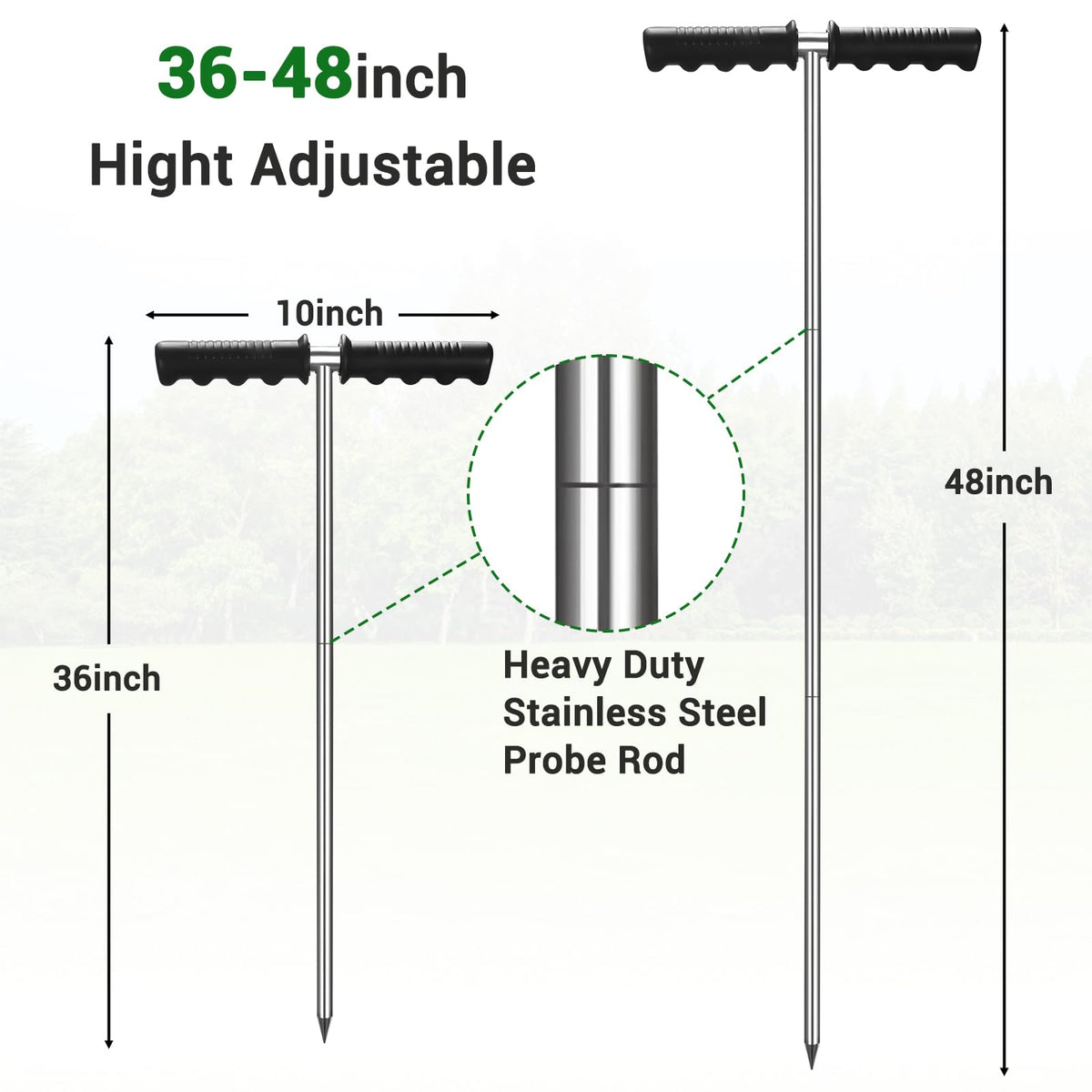 Beseetop soil probe rod height adjustment shows 32 to 48 inches reach for deep probing