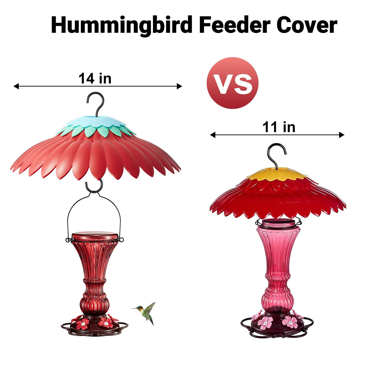 Beserie red dome baffle attracts hummingbirds while shielding feed from sun and rain.