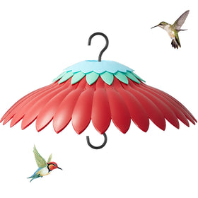 Beserie Squirrel Baffle with red umbrella over a feeder shades nectar from sun.