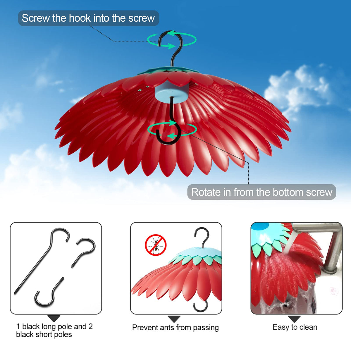 Beserie Squirrel Baffle red umbrella over a feeder attracts hummingbirds in bright garden light.