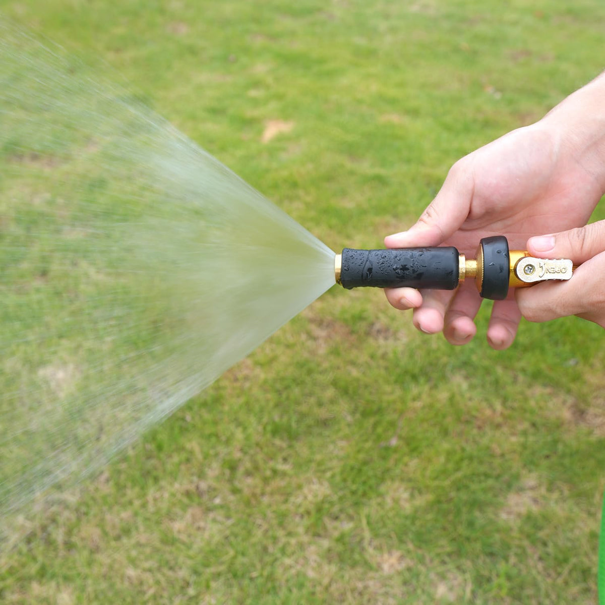 Besiter hose nozzle attached to a hose for easy one-handed operation and efficiency.