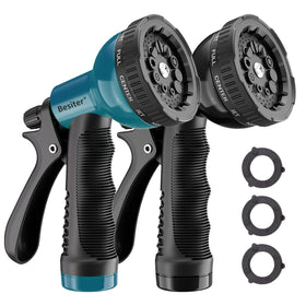 Besiter garden hose nozzle demonstrates ten-pattern spray for versatile watering tasks.