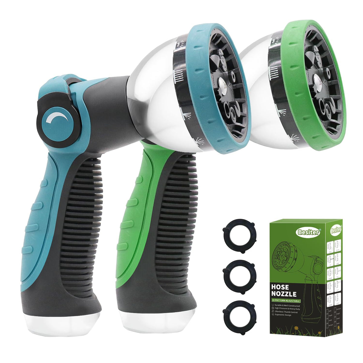 Besiter garden hose nozzle 2-pack with thumb-control for effortless watering.