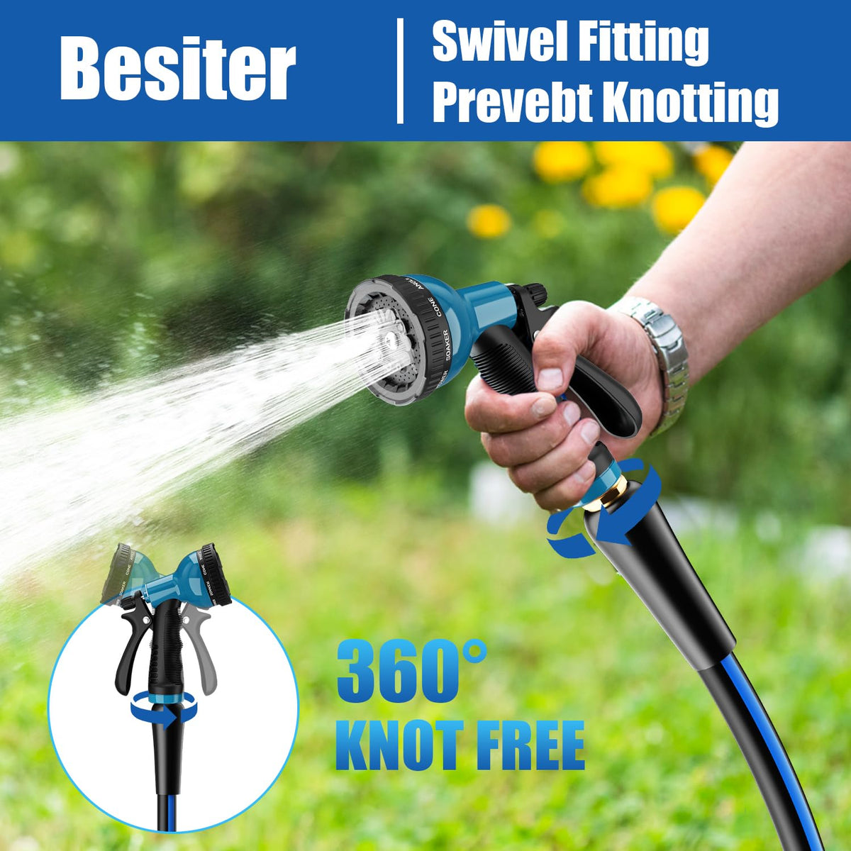 Besiter flexible rubber hose for smooth maneuvering during outdoor watering.