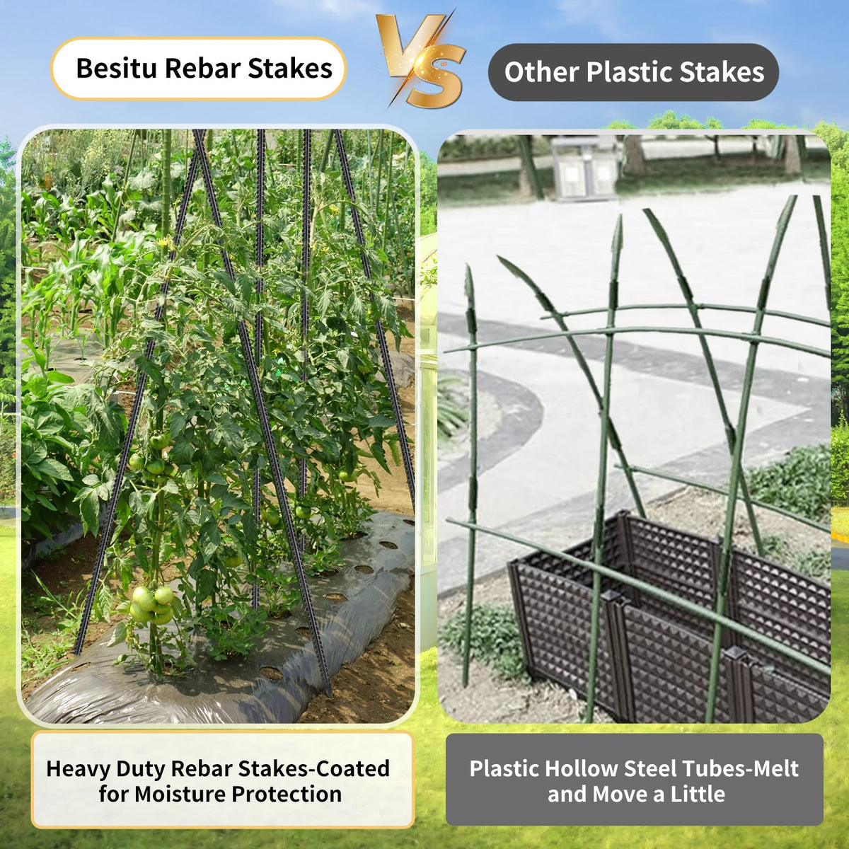 Besitu fence stakes help secure landscape timbers and blocks on-site.
