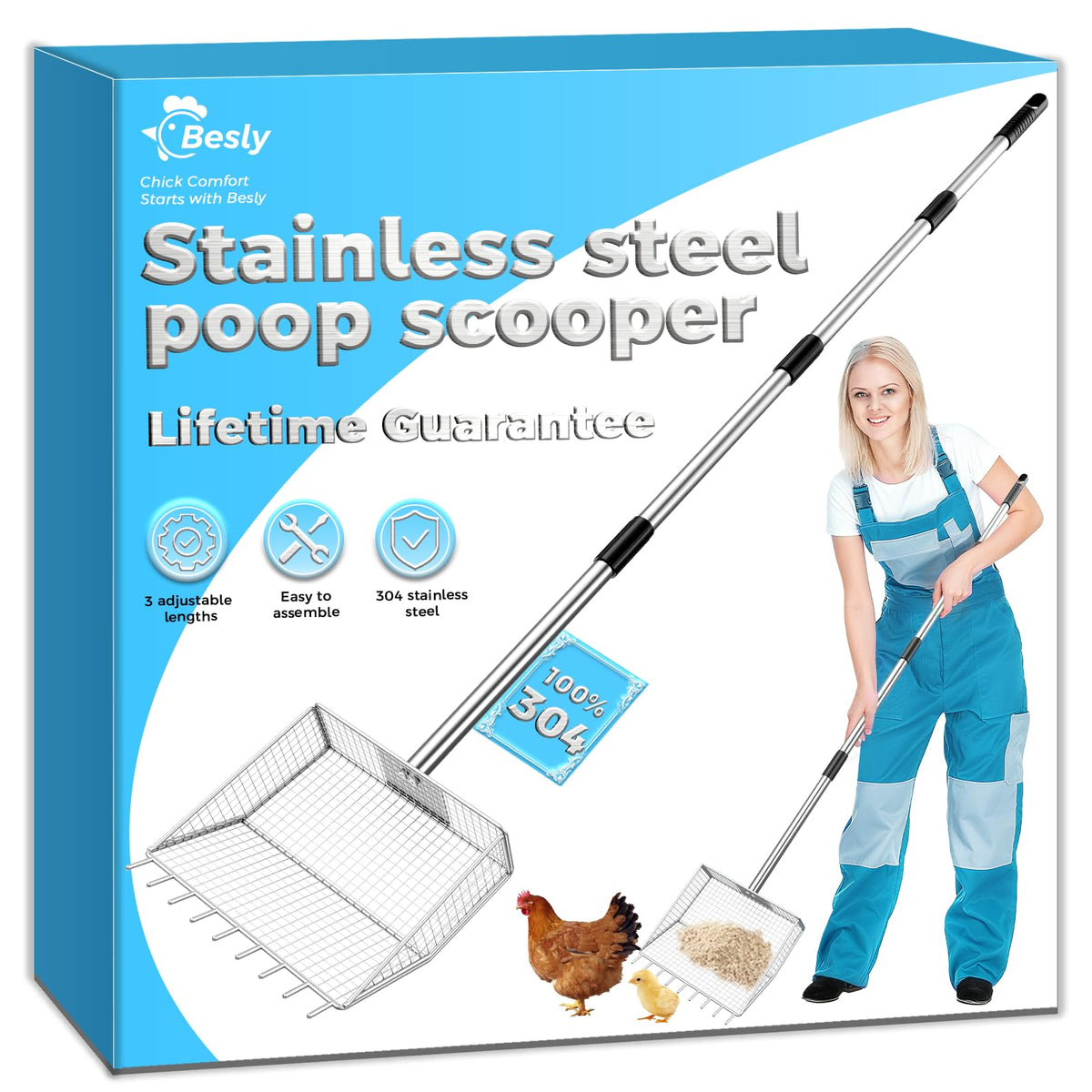 Besly 304 stainless steel chicken poop scoop with adjustable handle for rust-free coop cleaning