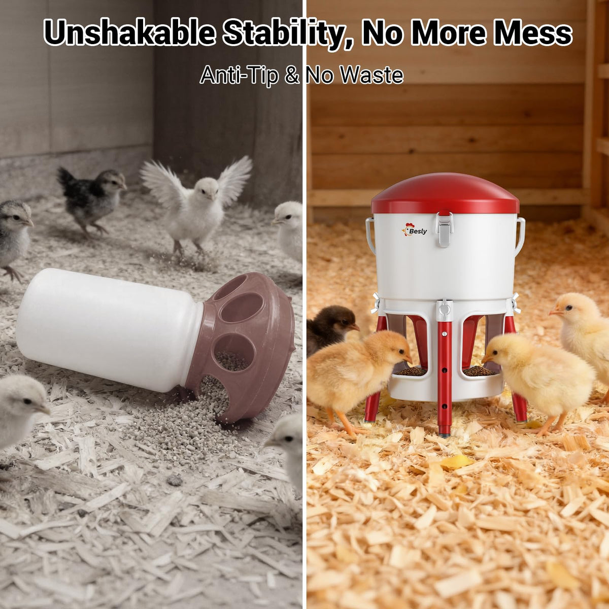 Besly chick feeder adjustable height supports growing chicks for comfortable feeding.