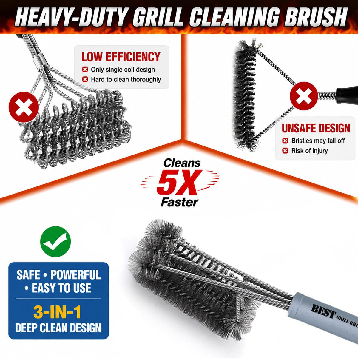 BEST 18-inch grill brush bristles close-up highlighting heavy-duty residue removal