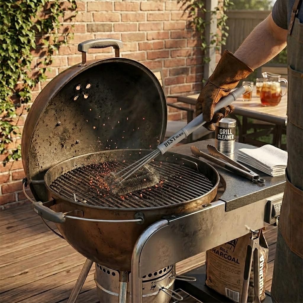 BEST grill brush on grill grate demonstrating thorough cleaning on all surfaces