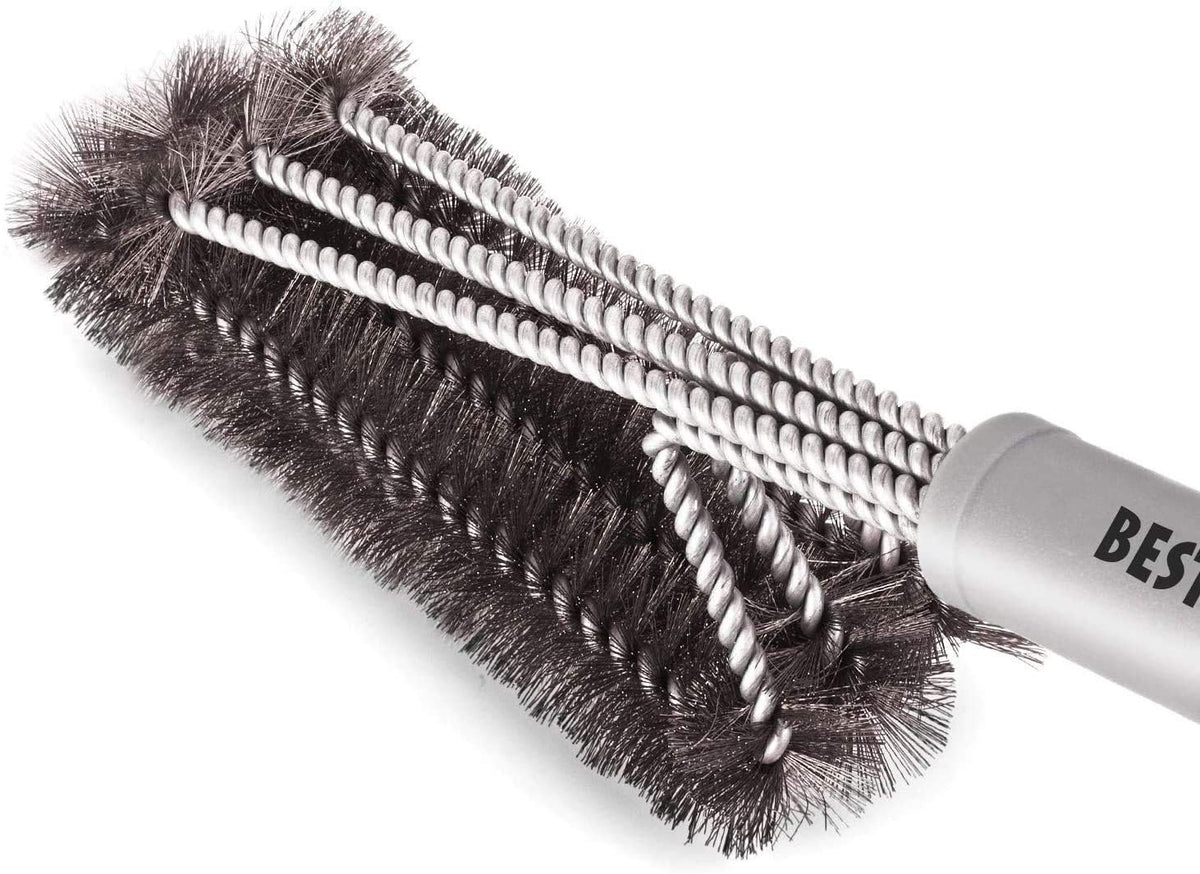 BEST 18-inch grill brush top view showing sturdy stainless bristles for deep cleaning