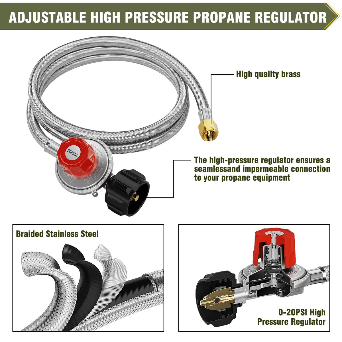 BestFIRE propane hose with 4.1 ft regulator extends high-pressure connections.