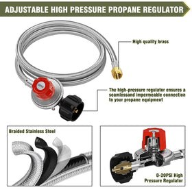 BestFIRE propane hose with 4.1 ft regulator extends high-pressure connections.