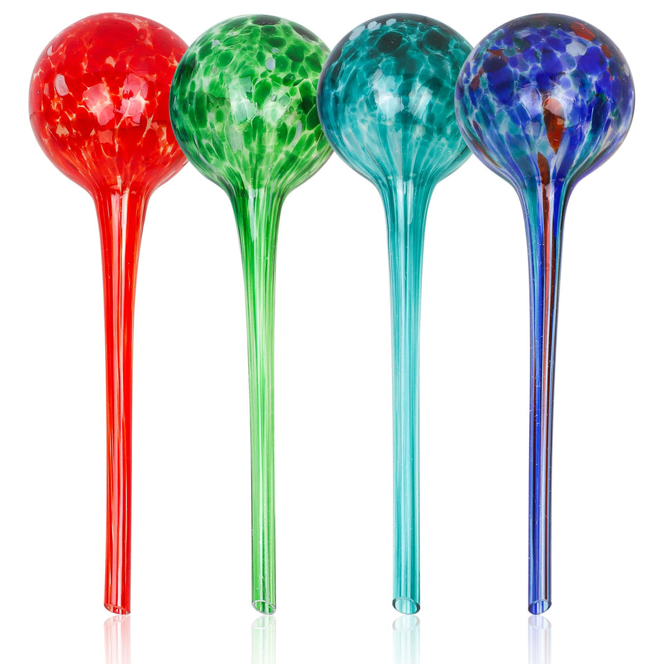 Besti self-watering globes close-up showing durable multicolored glass for steady hydration