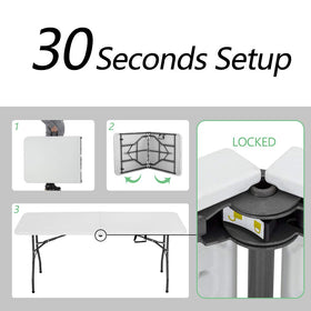BestOffice 6ft folding table folded; compact storage and easy portability.