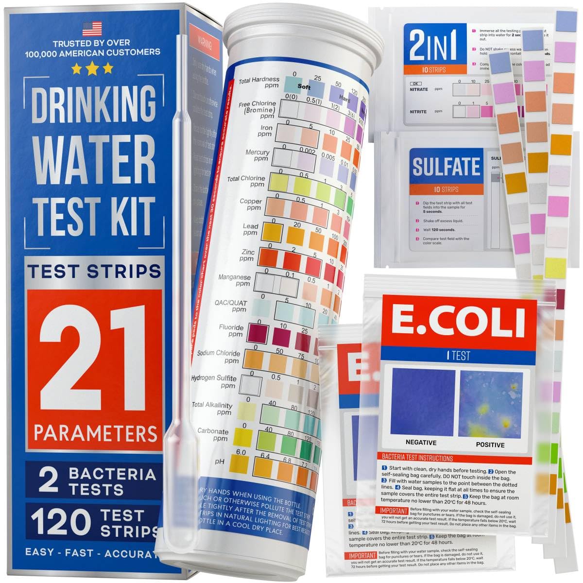 BestProd 20-in-1 water test kit with 120 strips for home water checks.