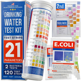 BestProd 20-in-1 water test kit with 120 strips for home water checks.