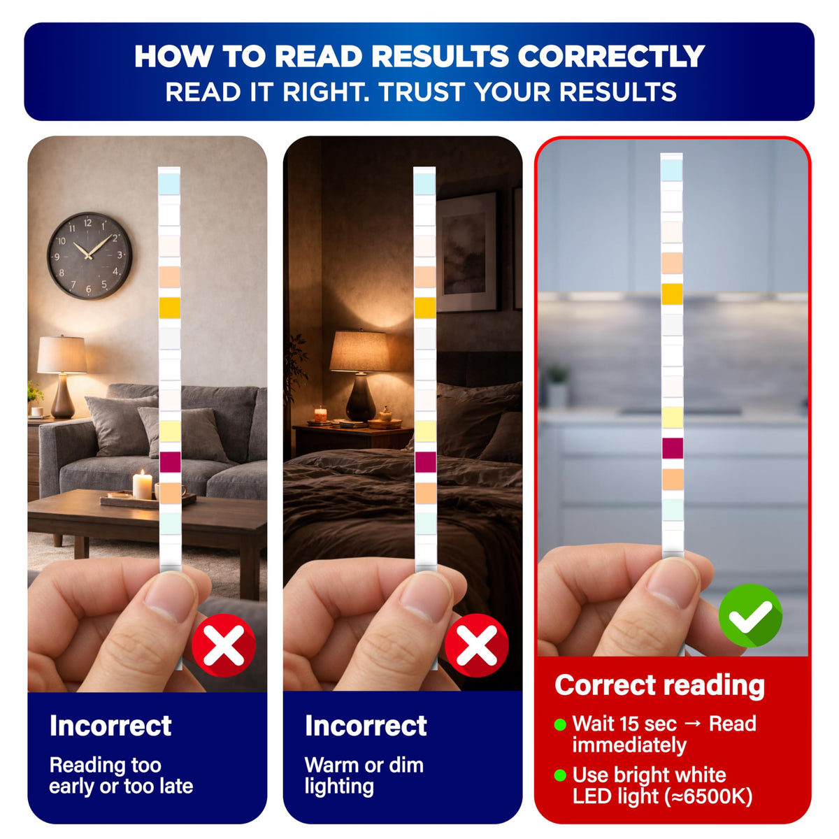 BestProd reading guide aligned with test strips on the bottle for quick interpretation.