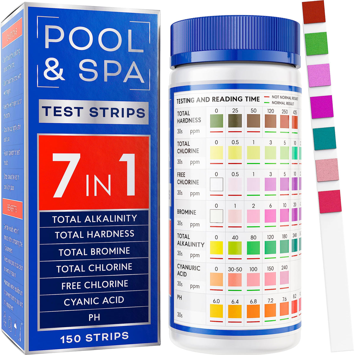 BestProd 7-in-1 pool test strips bottle-dip reading for quick chlorine and pH checks.