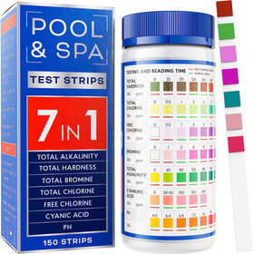 BestProd 7-in-1 pool test strips bottle-dip reading for quick chlorine and pH checks.