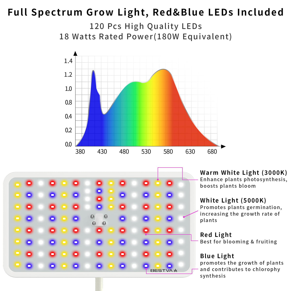 BESTVA grow light height adjustment showing flexible stand for optimal coverage