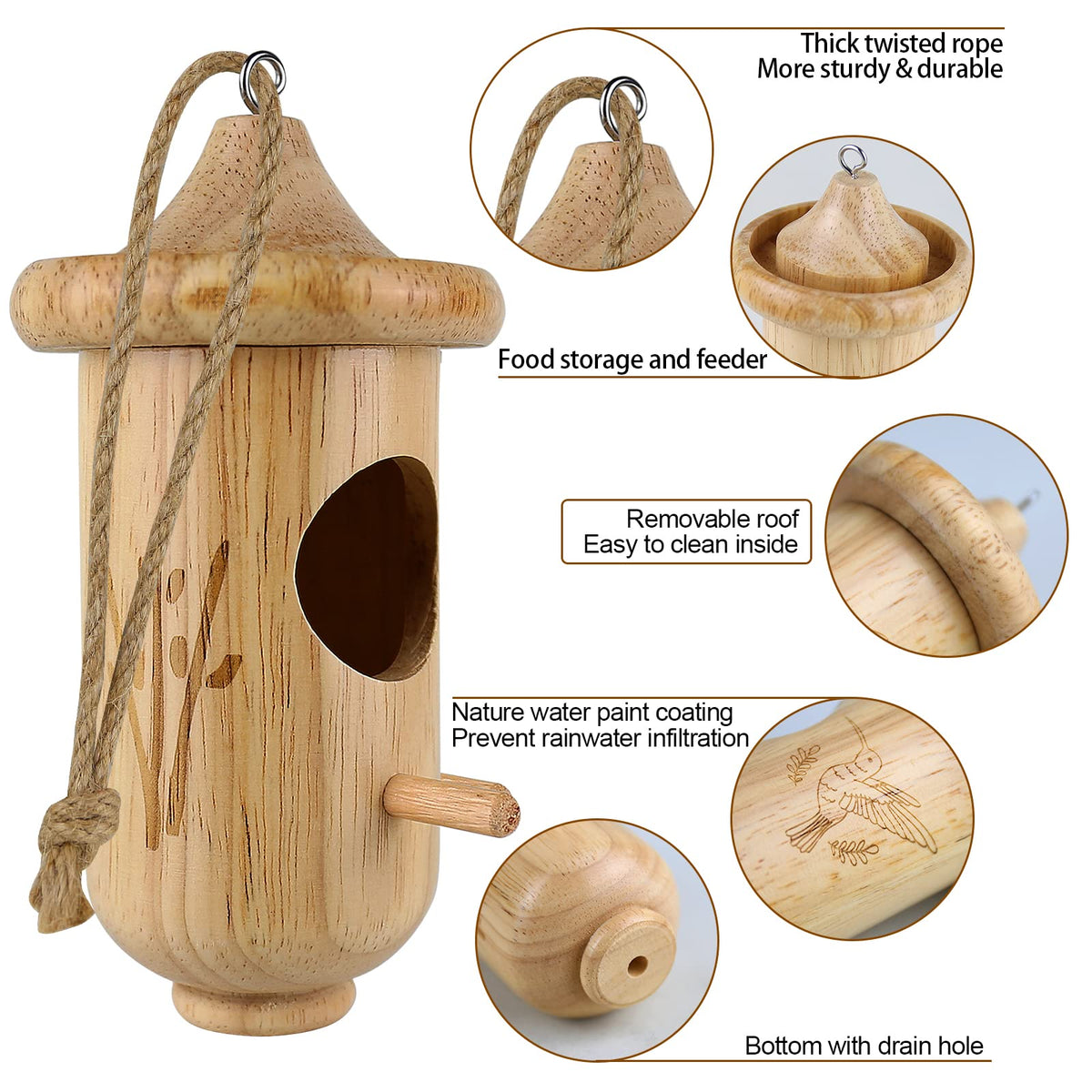 BESWORLDS Hummingbird House natural pine rustic charm for backyard decor