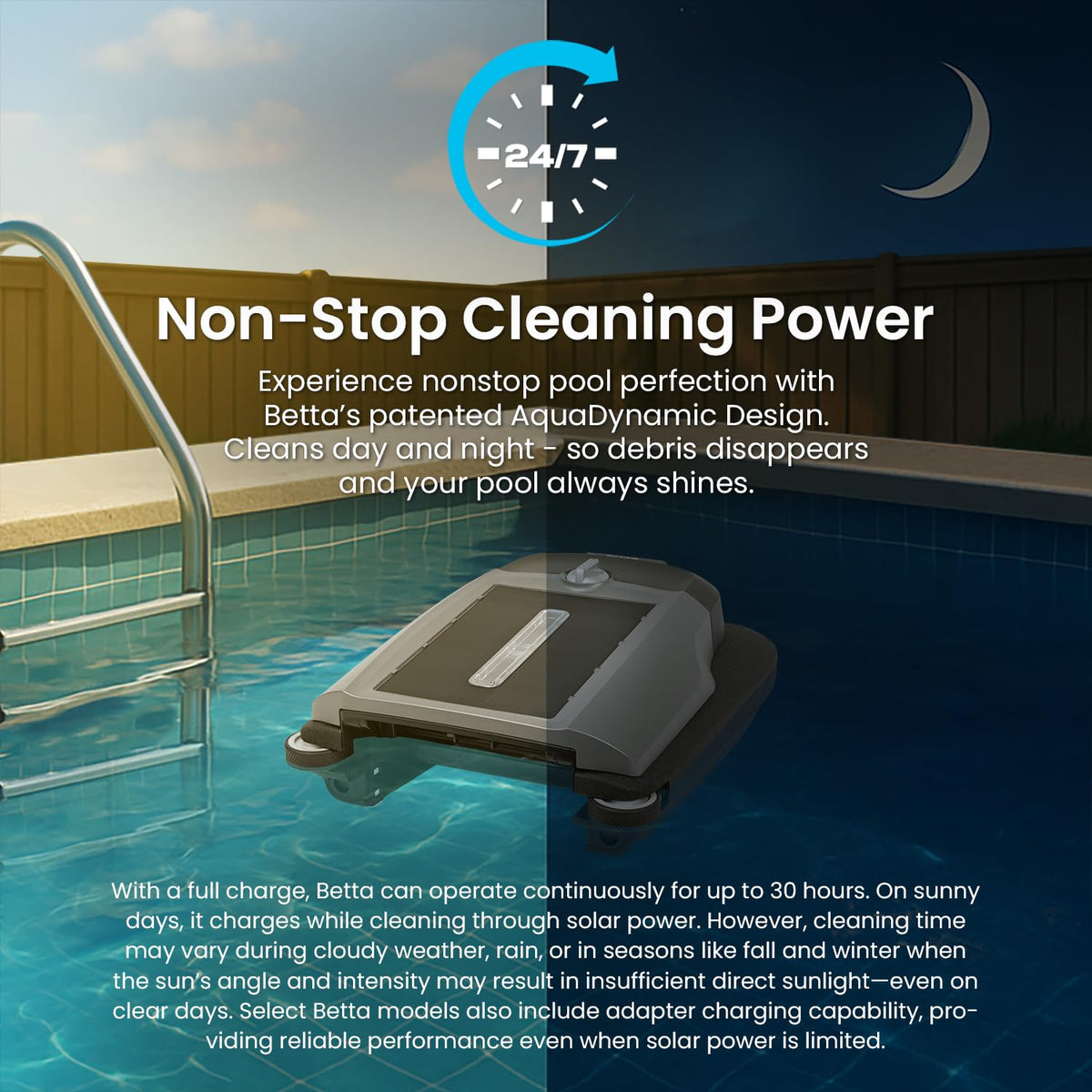 Betta Flex soft-touch casing protects pool edges while cleaning.