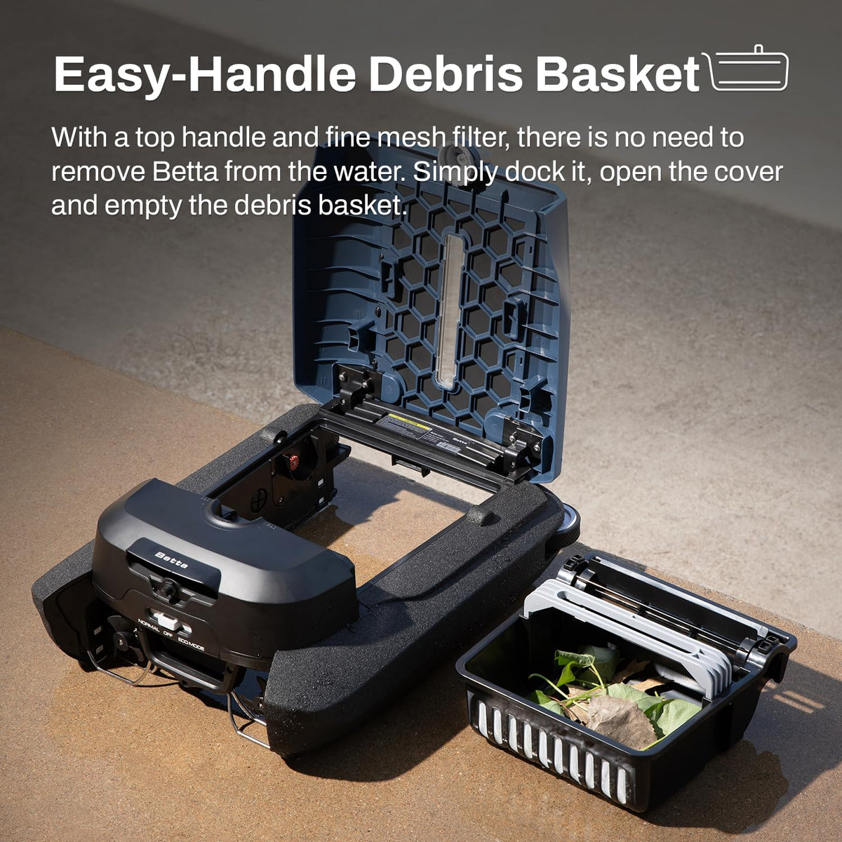 Betta Flex solar pool skimmer easy-empty basket for quick cleanup