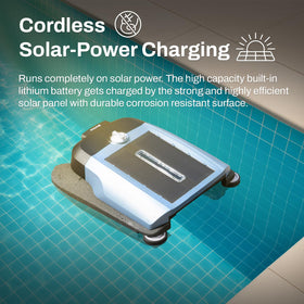 Betta Flex solar pool skimmer top view highlights sleek design and quiet operation