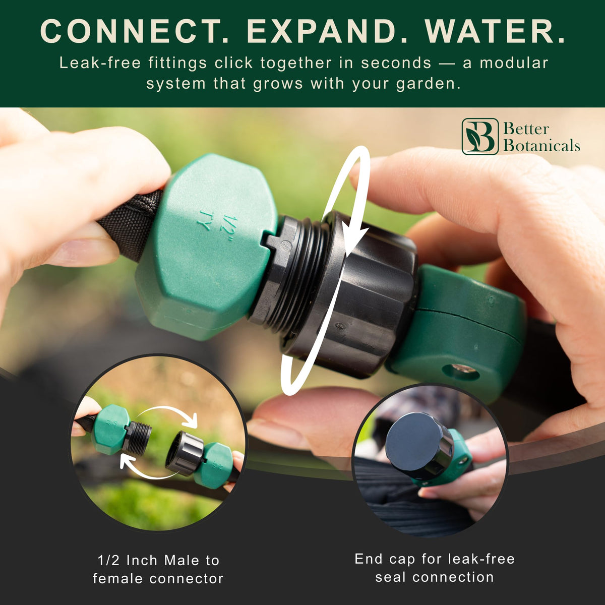 Two 50 ft hoses connected for flexible garden coverage by Better Botanicals