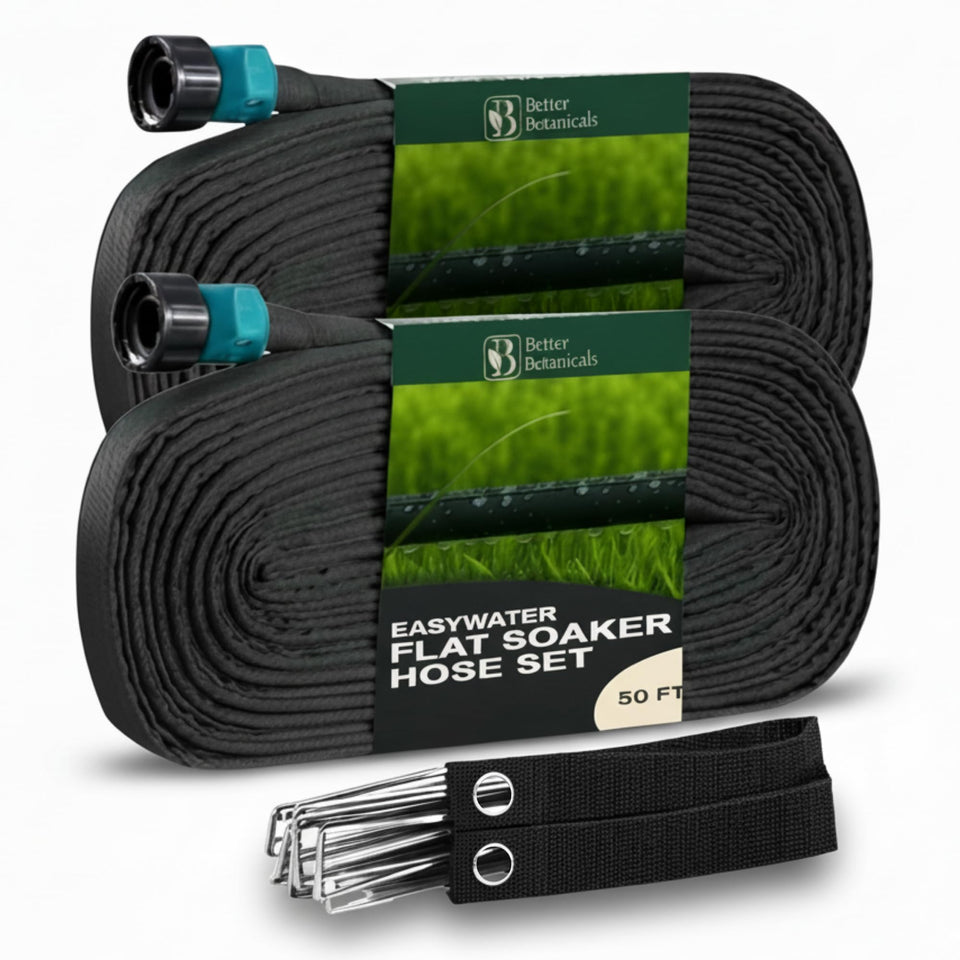 Better Botanicals flat soaker hose 2x50 ft laid out for even garden watering