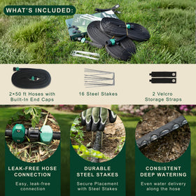 Better Botanicals hose secured with steel stakes along curved beds