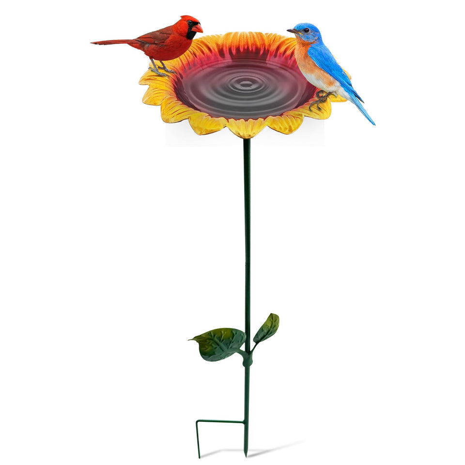 BETTY&SARAH sunflower bird bath and feeder stands in the garden, attracting diverse birds.