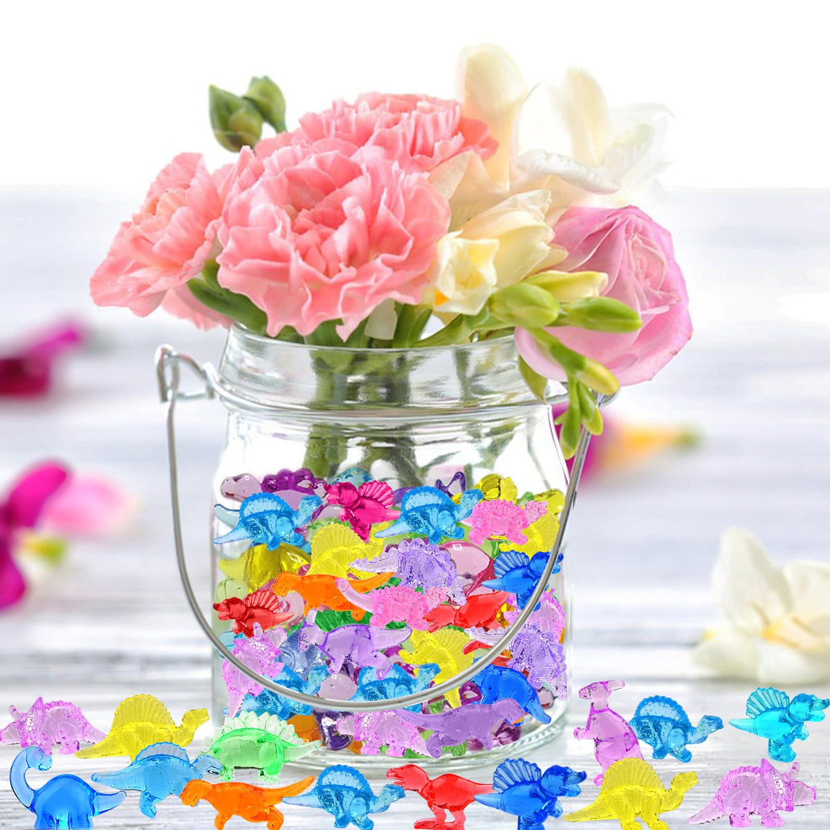 Beturetop vase filler dinosaurs offer colorful accents and tiny hidden surprises.