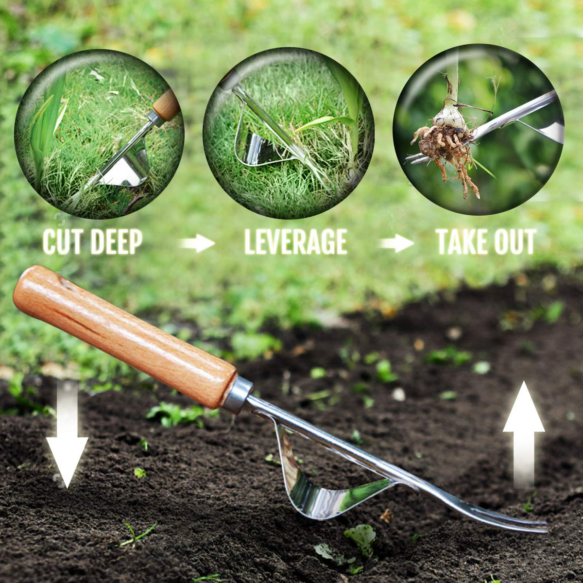 Betus manual hand weeder chrome head enables precise root grab.