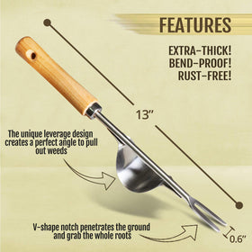Betus wood-handle weeder provides comfortable grip during yard work.